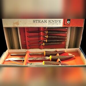 Vtg MCM Lifetime Cutlery Carving Set & 6 Steak Knives (Faux Stag Antler Handles)